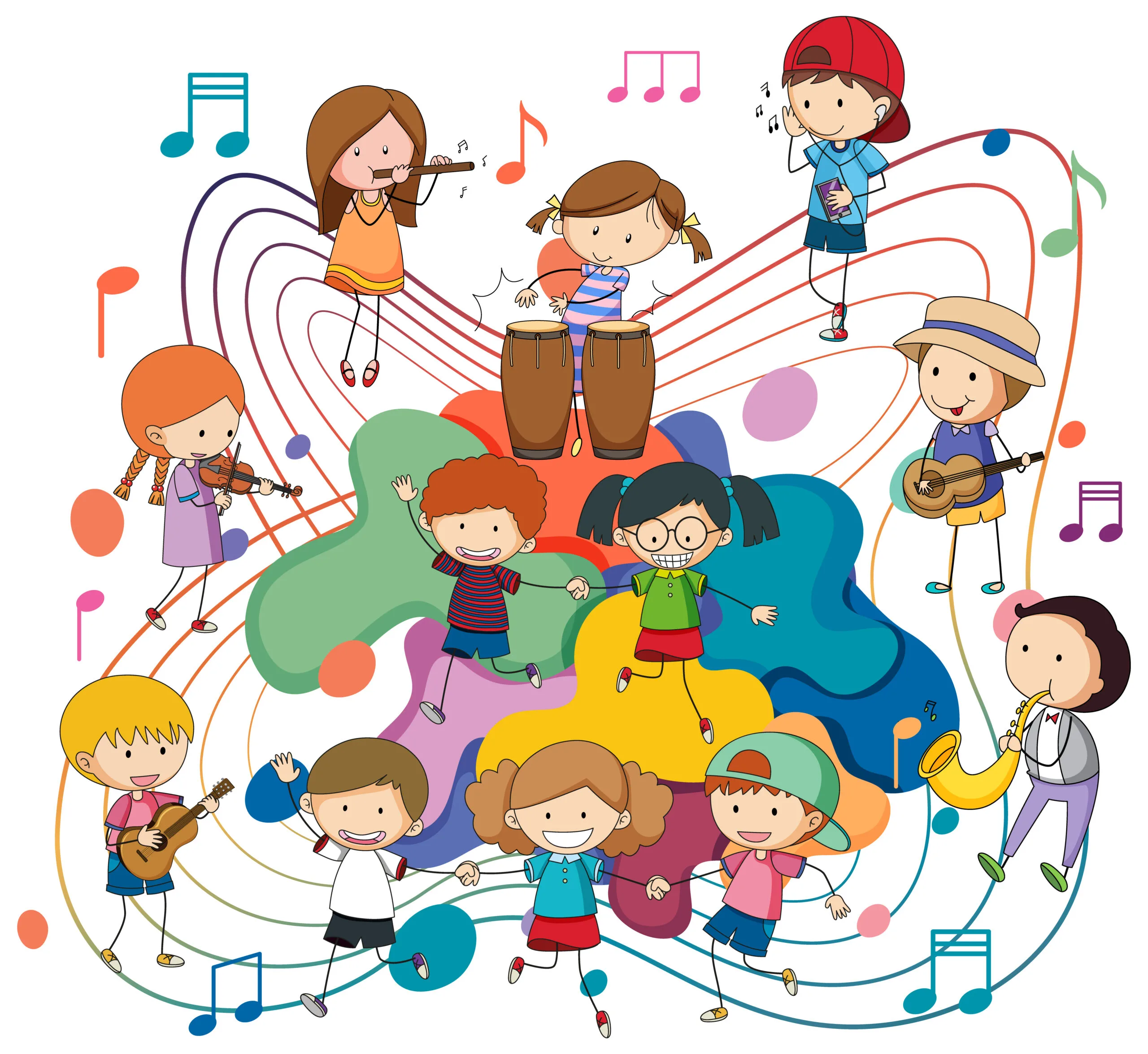 Happy children playing musical instruments with music notes on w